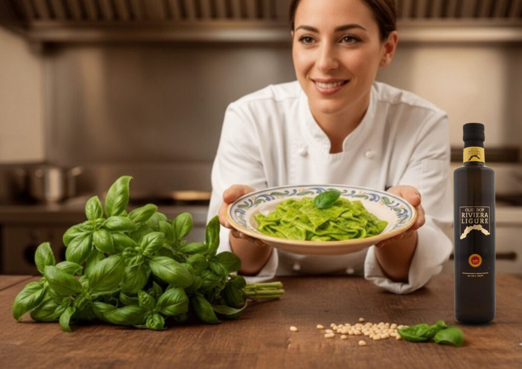 Chef e piatto di pesto